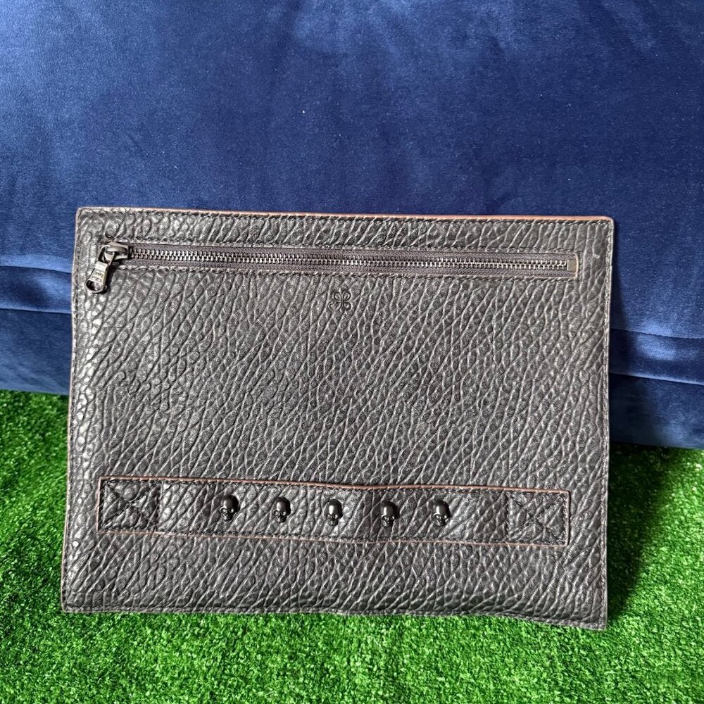 Punchcase by Leslie Hsu Black Pebbled Leather Clutch Handbag w/ Skull Design